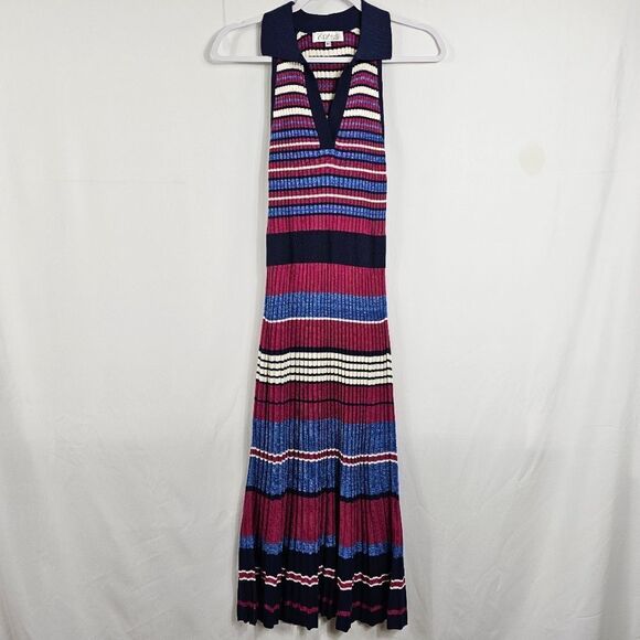 Knitss Olivia Dress Polo Neck Striped Knit Midi Dress - Size M - Picture 2 of 10